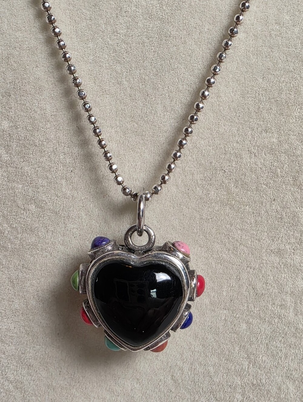 Sterling Silver Puffy Black Onyx Heart Pendant Ball Chain Necklace 18"
